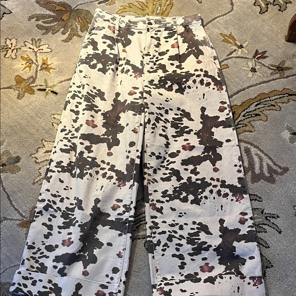 Pilcro Wide Leg Pants in Cream with Brown and Black Cow Print - Picture 1 of 5